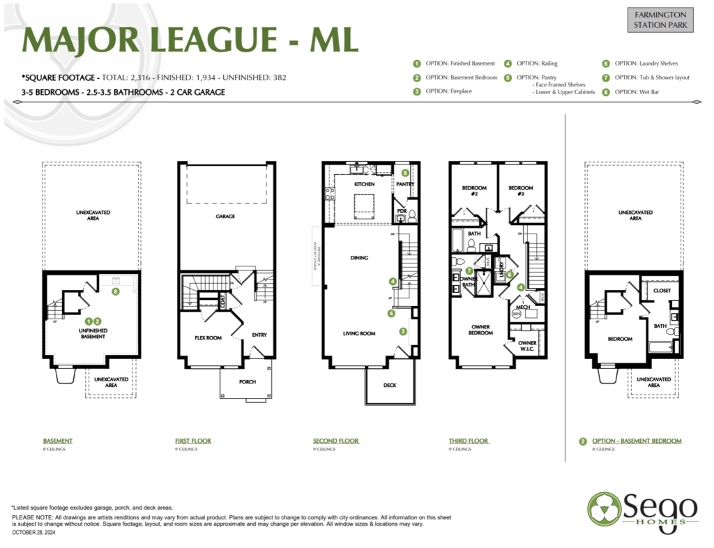 Blueprint of a three-story house featuring labeled rooms, garage, and optional features like a fireplace, laundry, and roof deck for elevated outdoor living.